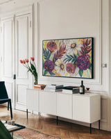 Festive Season I by Jeanette Vertentes. shown as a framed stretched canvas in a living room above a console. Available as a archival giclee rolled canvas, fine art paper, or poster print. SKU 59398i.