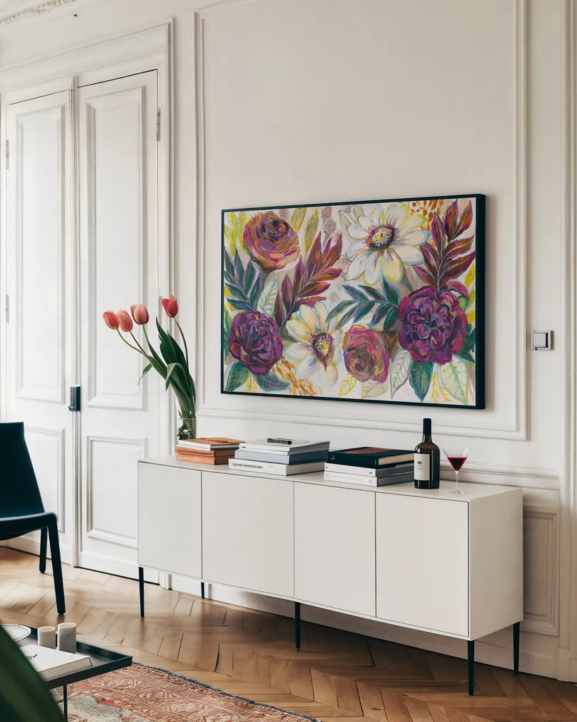 Festive Season I by Jeanette Vertentes. shown as a framed stretched canvas in a living room above a console. Available as a archival giclee rolled canvas, fine art paper, or poster print. SKU 59398i.