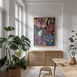 Festive Season I Black Crop I by Jeanette Vertentes. shown as a print in a natural wood frame in a dining room. Available as a archival giclee rolled canvas, fine art paper, or poster print. SKU 72292h.