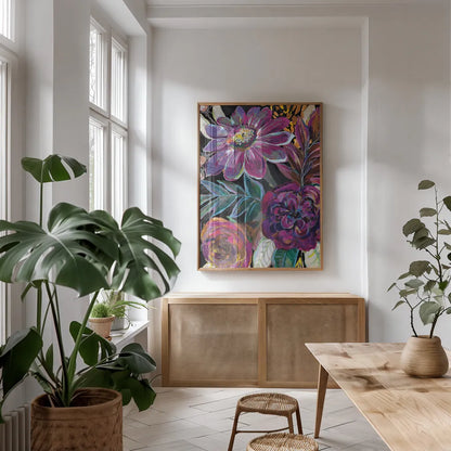 Festive Season I Black Crop II by Jeanette Vertentes. shown as a print in a natural wood frame in a dining room. Available as a archival giclee rolled canvas, fine art paper, or poster print. SKU 72293h.