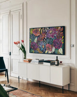 Festive Season I Dark by Jeanette Vertentes. shown as a framed stretched canvas in a living room above a console. Available as a archival giclee rolled canvas, fine art paper, or poster print. SKU 61317i.