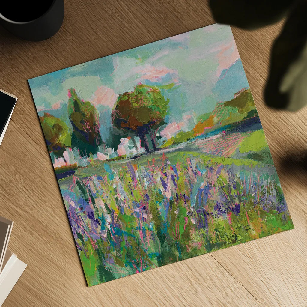Field of Flowers by Jeanette Vertentes. Shown as a detailed flat fine art print, highlighting archival giclee quality. Available as an archival giclee rolled canvas, fine art paper, or poster print. SKU 59574a.