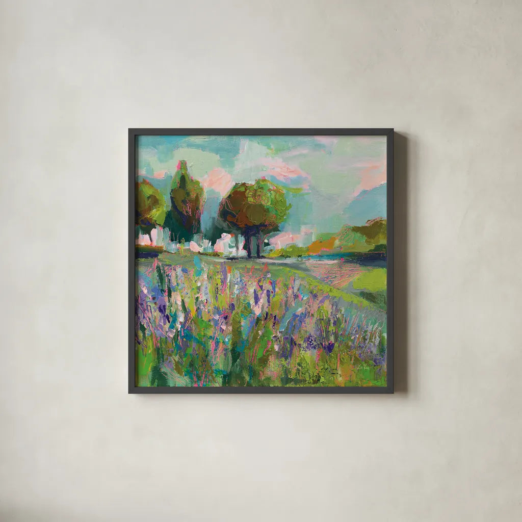 Field of Flowers by Jeanette Vertentes. Shown in a sleek black glass frame for a contemporary gallery look. Available as an archival giclee rolled canvas, fine art paper, or poster print. SKU 59574a.