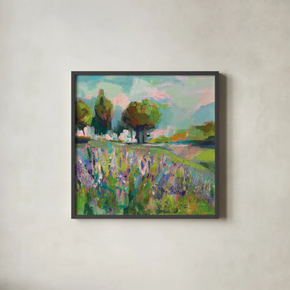 Field of Flowers by Jeanette Vertentes. Shown in a sleek black glass frame for a contemporary gallery look. Available as an archival giclee rolled canvas, fine art paper, or poster print. SKU 59574a.