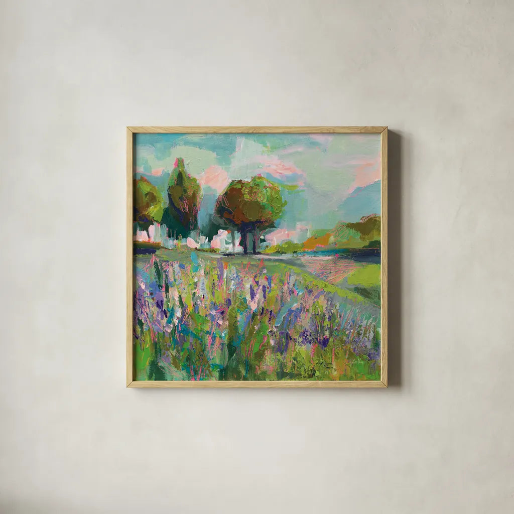 Field of Flowers by Jeanette Vertentes. Shown in a natural wood glass frame for a timeless modern aesthetic. Available as an archival giclee rolled canvas, fine art paper, or poster print. SKU 59574a.