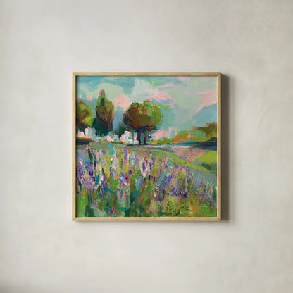 Field of Flowers by Jeanette Vertentes. Shown in a natural wood glass frame for a timeless modern aesthetic. Available as an archival giclee rolled canvas, fine art paper, or poster print. SKU 59574a.
