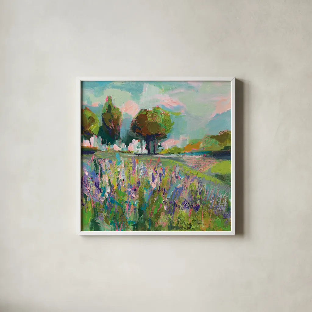 Field of Flowers by Jeanette Vertentes. Shown in a crisp white glass frame for a clean and minimalist style. Available as an archival giclee rolled canvas, fine art paper, or poster print. SKU 59574a.