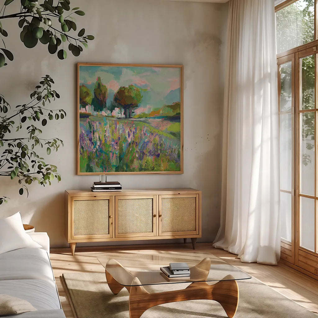 Field of Flowers by Jeanette Vertentes. Shown in a natural wood frame in a cozy modern living room. Available as an archival giclee rolled canvas, fine art paper, or poster print. SKU 59574a.