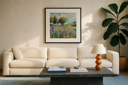 Field of Flowers by Jeanette Vertentes. Displayed in a glass frame with matte in a clean modern living room. Available as an archival giclee rolled canvas, fine art paper, or poster print. SKU 59574a.