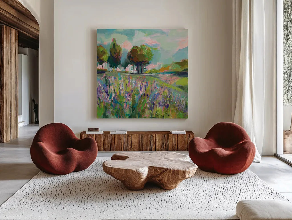 Field of Flowers by Jeanette Vertentes. Shown as extra-large giant wall art in a modern living room. Available as an archival giclee rolled canvas, fine art paper, or poster print. SKU 59574a.