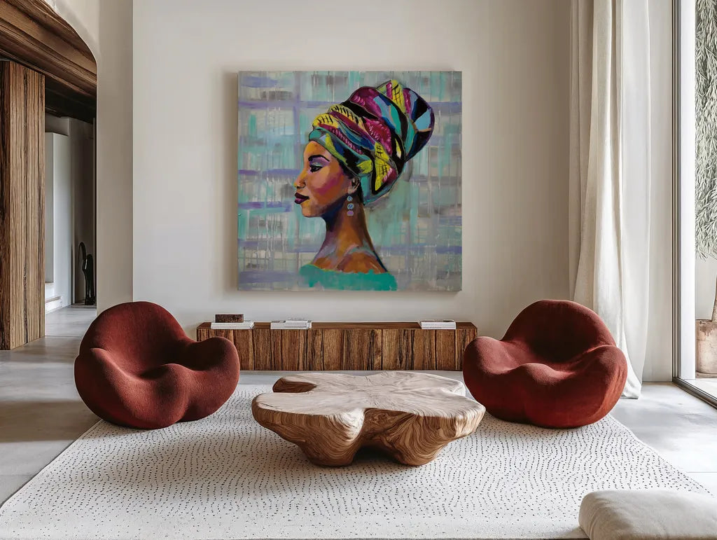 Fierce by Jeanette Vertentes. Shown as extra-large giant wall art in a modern living room. Available as an archival giclee rolled canvas, fine art paper, or poster print. SKU 53243a.