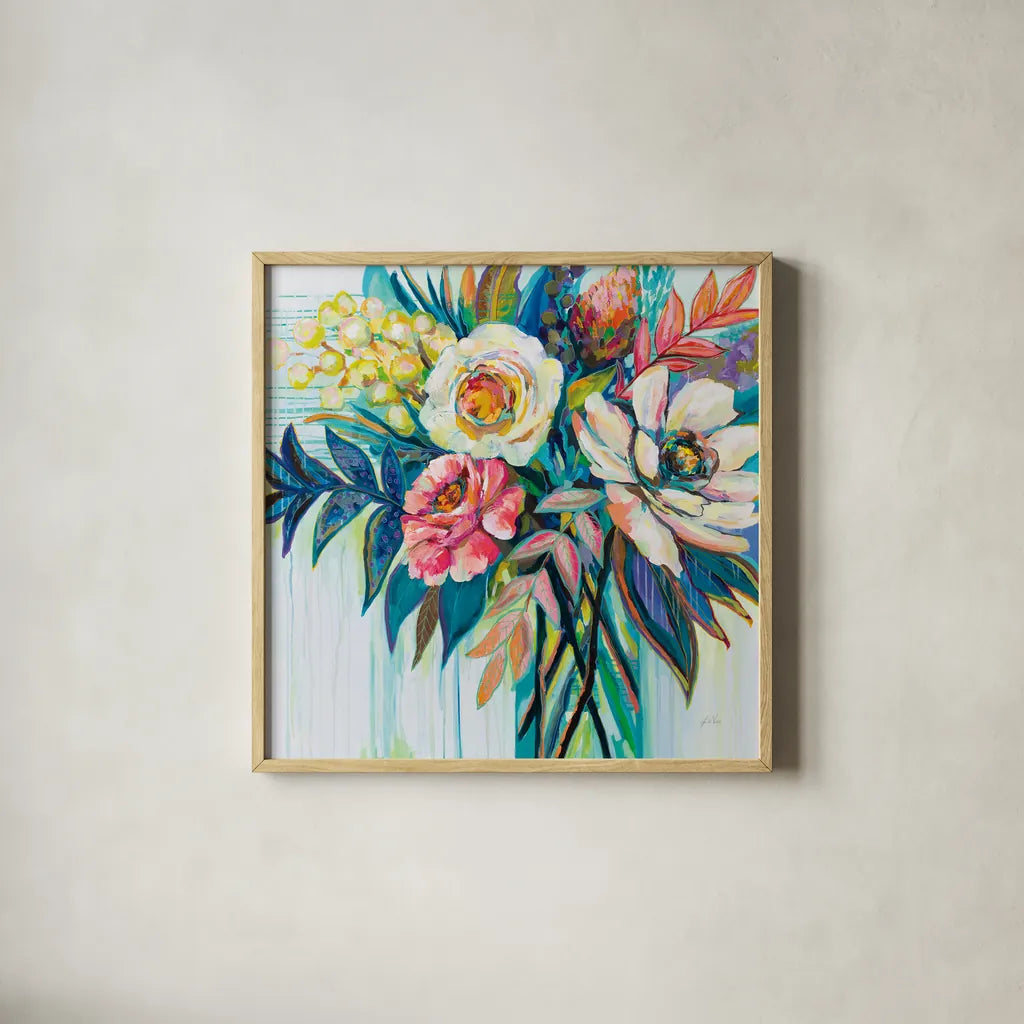 First Date by Jeanette Vertentes. Shown in a natural wood glass frame for a timeless modern aesthetic. Available as an archival giclee rolled canvas, fine art paper, or poster print. SKU 56807a.