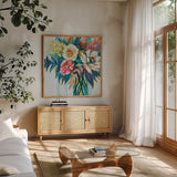 First Date by Jeanette Vertentes. Shown in a natural wood frame in a cozy modern living room. Available as an archival giclee rolled canvas, fine art paper, or poster print. SKU 56807a.