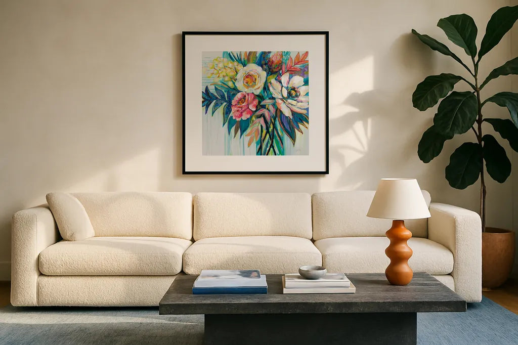 First Date by Jeanette Vertentes. Displayed in a glass frame with matte in a clean modern living room. Available as an archival giclee rolled canvas, fine art paper, or poster print. SKU 56807a.