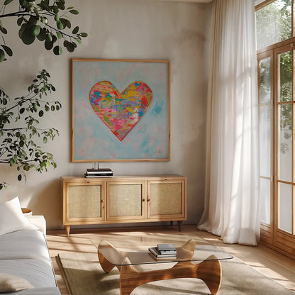 First Love by Jeanette Vertentes. Shown in a natural wood frame in a cozy modern living room. Available as an archival giclee rolled canvas, fine art paper, or poster print. SKU 78270a.