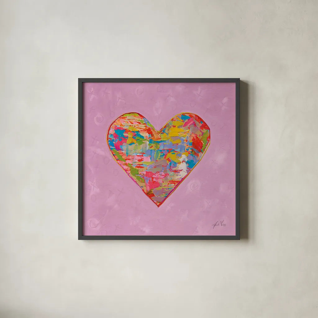 First Love on Pink by Jeanette Vertentes. Shown in a sleek black glass frame for a contemporary gallery look. Available as an archival giclee rolled canvas, fine art paper, or poster print. SKU 78560a.