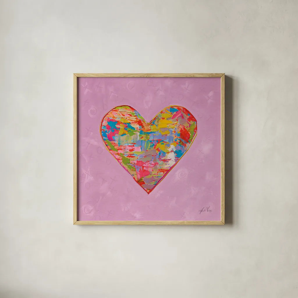 First Love on Pink by Jeanette Vertentes. Shown in a natural wood glass frame for a timeless modern aesthetic. Available as an archival giclee rolled canvas, fine art paper, or poster print. SKU 78560a.