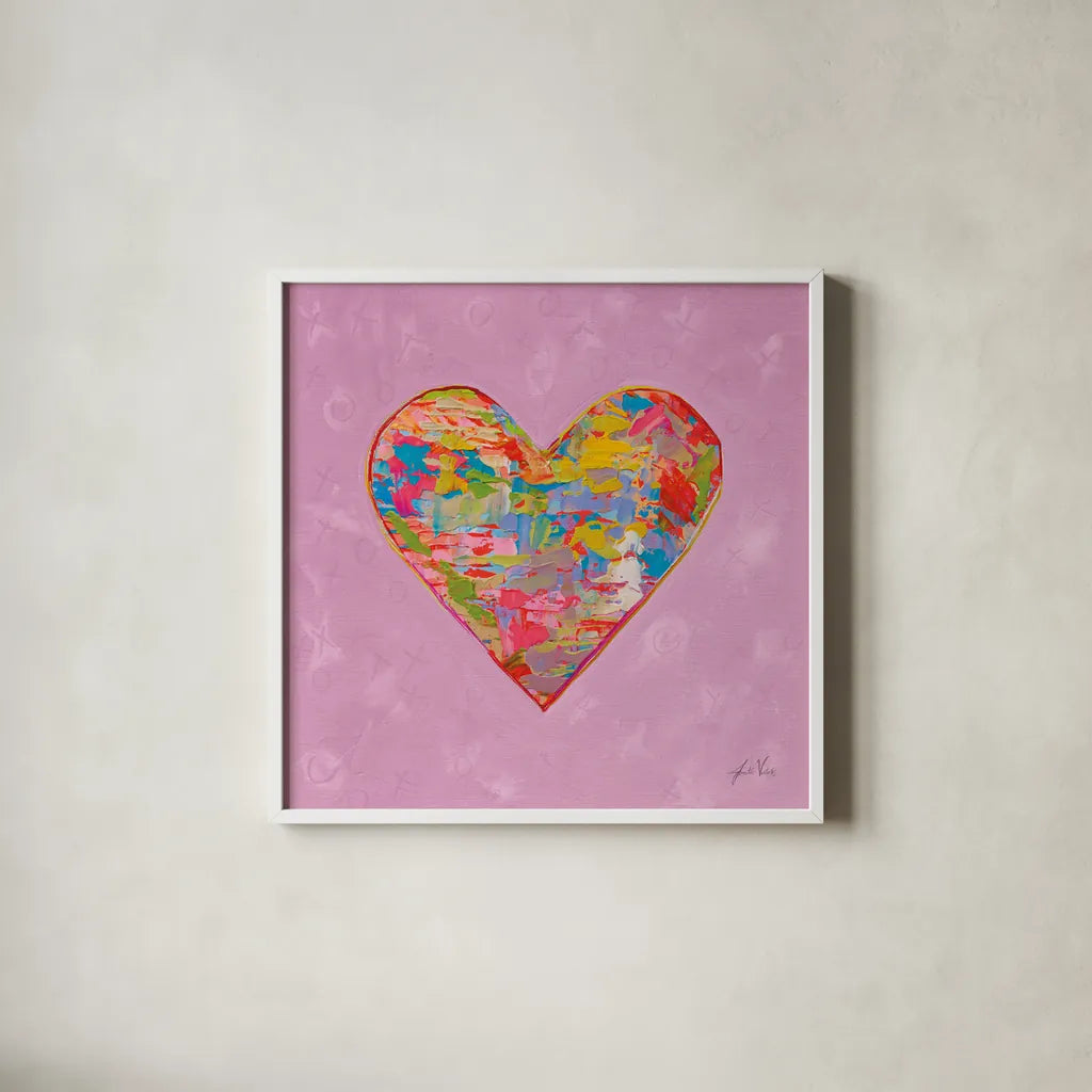 First Love on Pink by Jeanette Vertentes. Shown in a crisp white glass frame for a clean and minimalist style. Available as an archival giclee rolled canvas, fine art paper, or poster print. SKU 78560a.