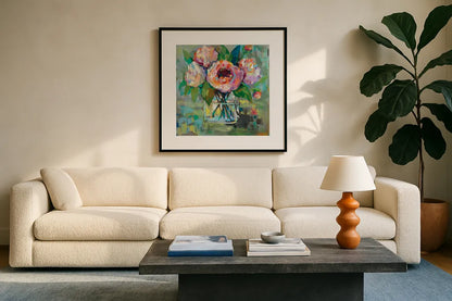 First of the Season by Jeanette Vertentes. Displayed in a glass frame with matte in a clean modern living room. Available as an archival giclee rolled canvas, fine art paper, or poster print. SKU 53184a.
