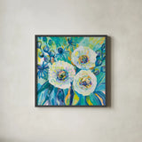 Floral Elation by Jeanette Vertentes. Shown in a sleek black glass frame for a contemporary gallery look. Available as an archival giclee rolled canvas, fine art paper, or poster print. SKU 67246a.