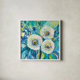 Floral Elation by Jeanette Vertentes. Shown in a crisp white glass frame for a clean and minimalist style. Available as an archival giclee rolled canvas, fine art paper, or poster print. SKU 67246a.