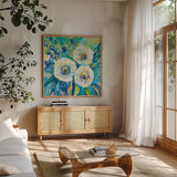 Floral Elation by Jeanette Vertentes. Shown in a natural wood frame in a cozy modern living room. Available as an archival giclee rolled canvas, fine art paper, or poster print. SKU 67246a.