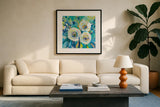 Floral Elation by Jeanette Vertentes. Displayed in a glass frame with matte in a clean modern living room. Available as an archival giclee rolled canvas, fine art paper, or poster print. SKU 67246a.