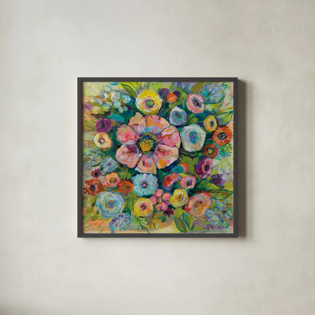 Floral Fireworks by Jeanette Vertentes. Shown in a sleek black glass frame for a contemporary gallery look. Available as an archival giclee rolled canvas, fine art paper, or poster print. SKU 53914a.