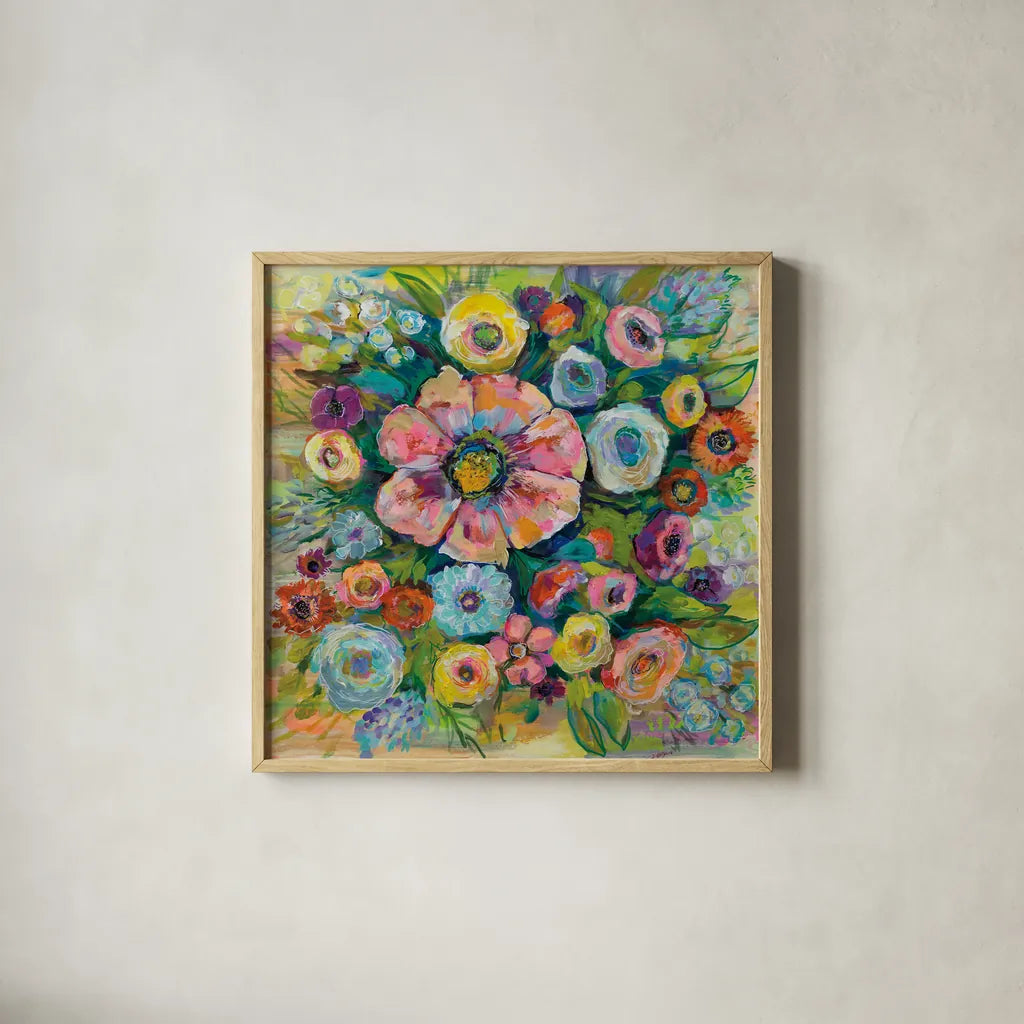Floral Fireworks by Jeanette Vertentes. Shown in a natural wood glass frame for a timeless modern aesthetic. Available as an archival giclee rolled canvas, fine art paper, or poster print. SKU 53914a.