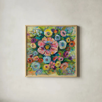 Floral Fireworks by Jeanette Vertentes. Shown in a natural wood glass frame for a timeless modern aesthetic. Available as an archival giclee rolled canvas, fine art paper, or poster print. SKU 53914a.