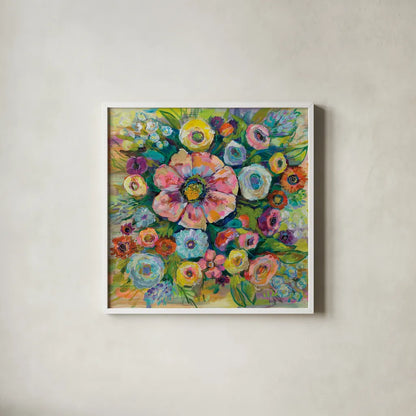 Floral Fireworks by Jeanette Vertentes. Shown in a crisp white glass frame for a clean and minimalist style. Available as an archival giclee rolled canvas, fine art paper, or poster print. SKU 53914a.