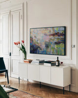 Forecast by Jeanette Vertentes. shown as a framed stretched canvas in a living room above a console. Available as a archival giclee rolled canvas, fine art paper, or poster print. SKU 86792i.