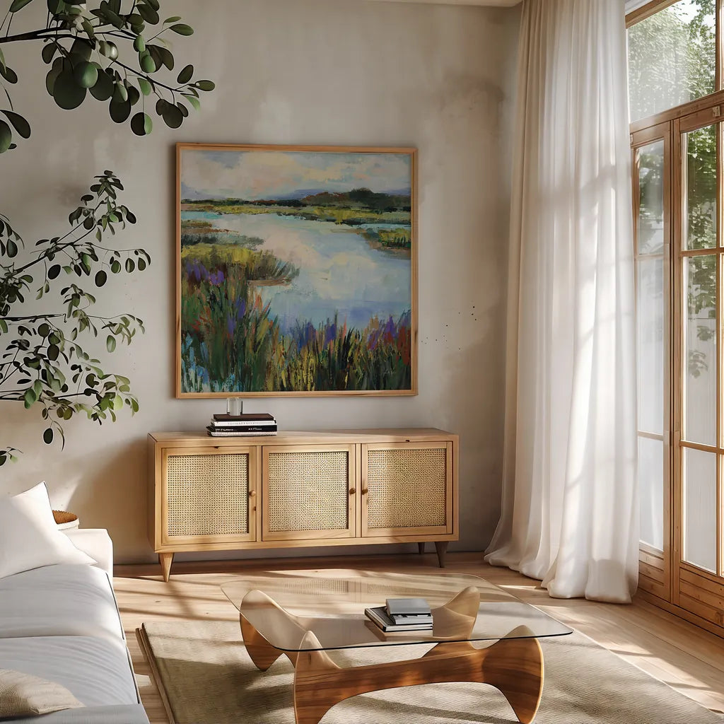 Found by Jeanette Vertentes. Shown in a natural wood frame in a cozy modern living room. Available as an archival giclee rolled canvas, fine art paper, or poster print. SKU 89216a.