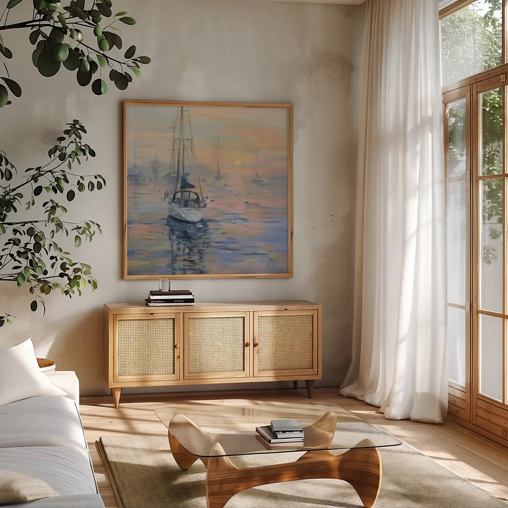 Free Spirit by Jeanette Vertentes. Shown in a natural wood frame in a cozy modern living room. Available as an archival giclee rolled canvas, fine art paper, or poster print. SKU 100302a.