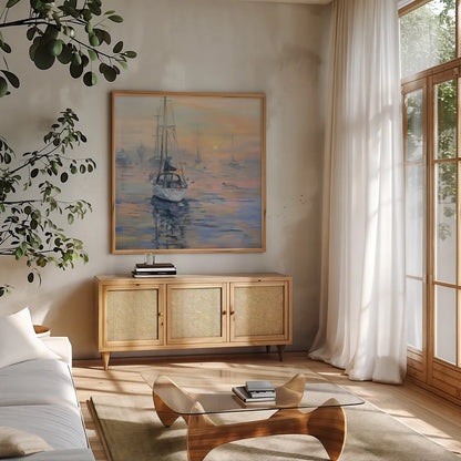 Free Spirit by Jeanette Vertentes. Shown in a natural wood frame in a cozy modern living room. Available as an archival giclee rolled canvas, fine art paper, or poster print. SKU 100302a.