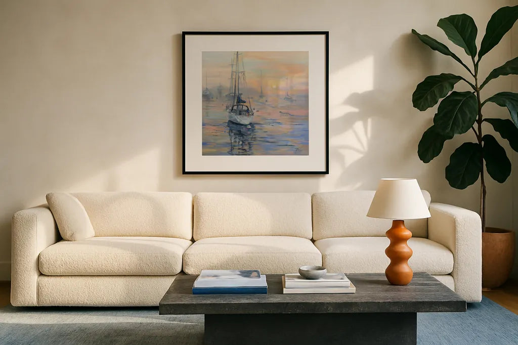 Free Spirit by Jeanette Vertentes. Displayed in a glass frame with matte in a clean modern living room. Available as an archival giclee rolled canvas, fine art paper, or poster print. SKU 100302a.