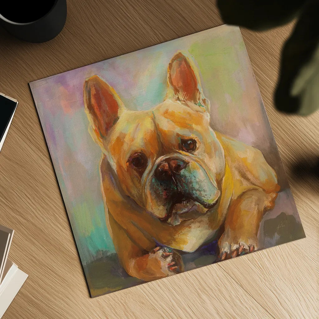 Frenchie by Jeanette Vertentes. Shown as a detailed flat fine art print, highlighting archival giclee quality. Available as an archival giclee rolled canvas, fine art paper, or poster print. SKU 49341a.