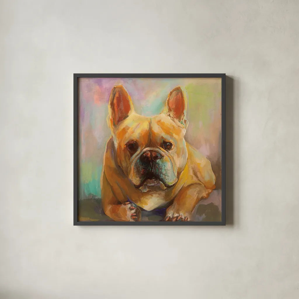 Frenchie by Jeanette Vertentes. Shown in a sleek black glass frame for a contemporary gallery look. Available as an archival giclee rolled canvas, fine art paper, or poster print. SKU 49341a.