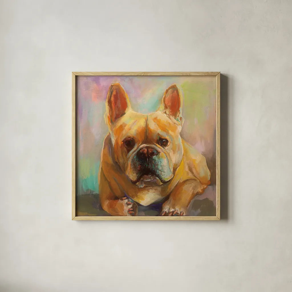 Frenchie by Jeanette Vertentes. Shown in a natural wood glass frame for a timeless modern aesthetic. Available as an archival giclee rolled canvas, fine art paper, or poster print. SKU 49341a.