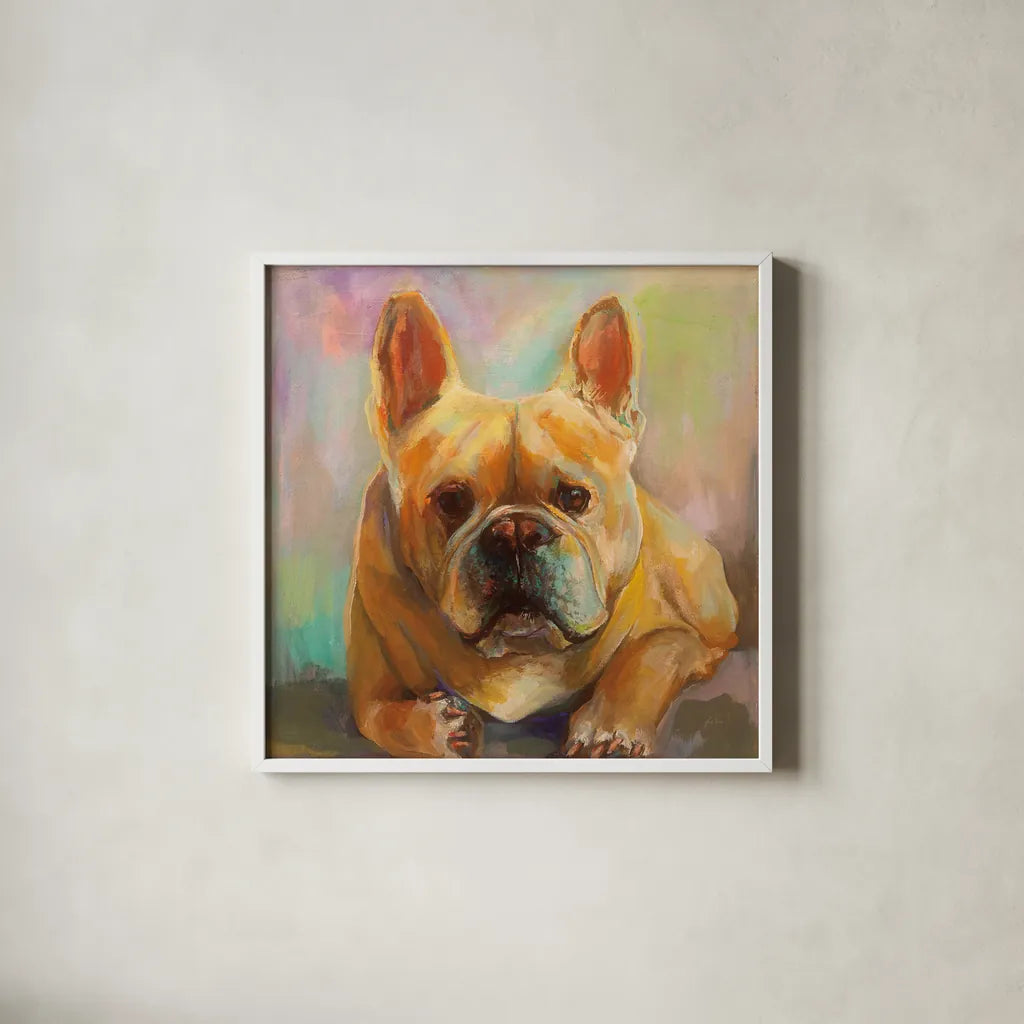 Frenchie by Jeanette Vertentes. Shown in a crisp white glass frame for a clean and minimalist style. Available as an archival giclee rolled canvas, fine art paper, or poster print. SKU 49341a.