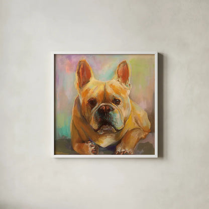 Frenchie by Jeanette Vertentes. Shown in a crisp white glass frame for a clean and minimalist style. Available as an archival giclee rolled canvas, fine art paper, or poster print. SKU 49341a.