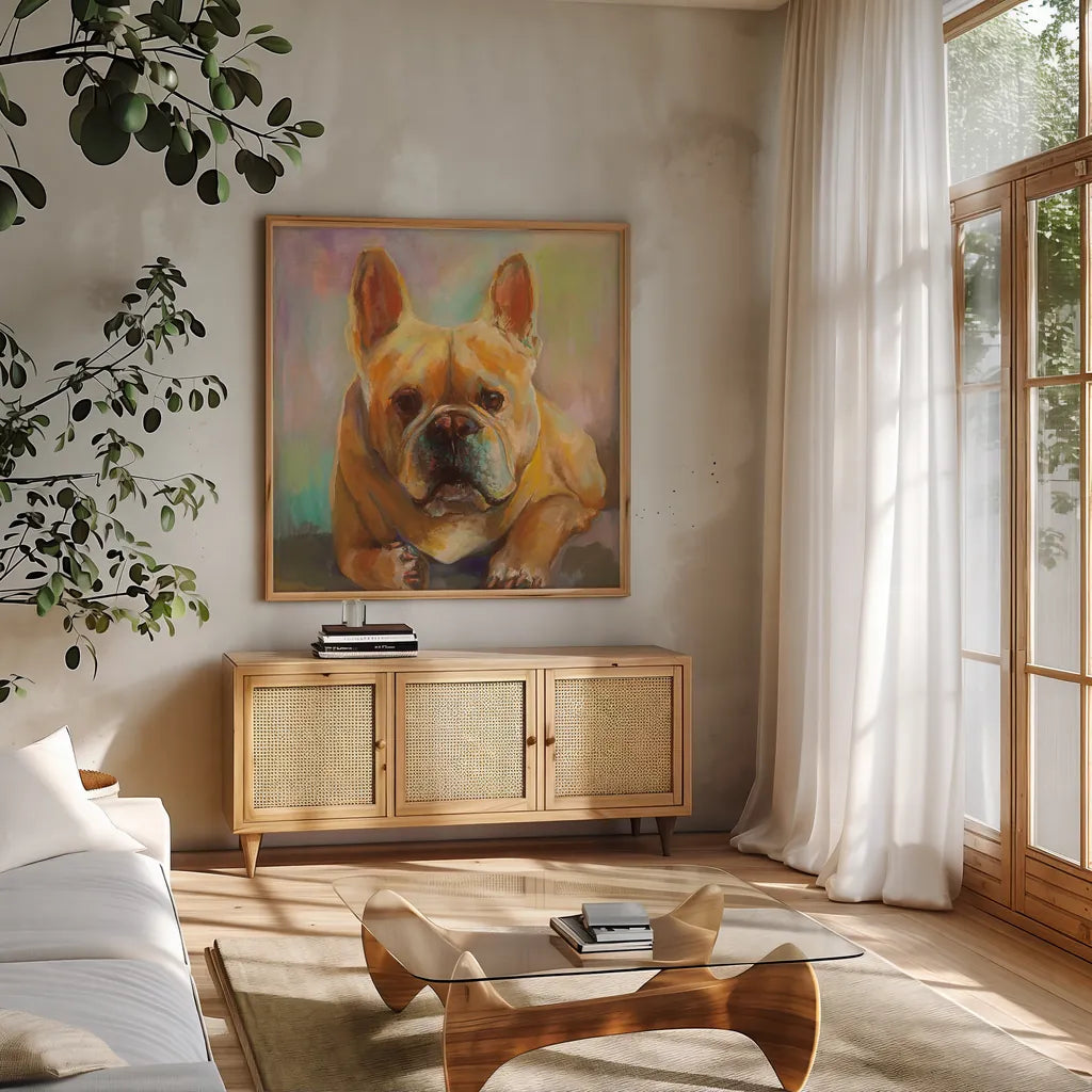 Frenchie by Jeanette Vertentes. Shown in a natural wood frame in a cozy modern living room. Available as an archival giclee rolled canvas, fine art paper, or poster print. SKU 49341a.
