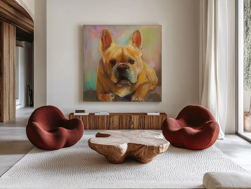 Frenchie by Jeanette Vertentes. Shown as extra-large giant wall art in a modern living room. Available as an archival giclee rolled canvas, fine art paper, or poster print. SKU 49341a.