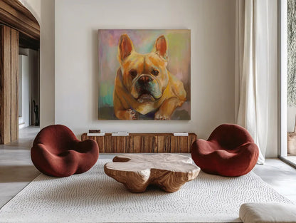 Frenchie by Jeanette Vertentes. Shown as extra-large giant wall art in a modern living room. Available as an archival giclee rolled canvas, fine art paper, or poster print. SKU 49341a.
