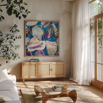 From the Beach by Jeanette Vertentes. Shown in a natural wood frame in a cozy modern living room. Available as an archival giclee rolled canvas, fine art paper, or poster print. SKU 61462a.