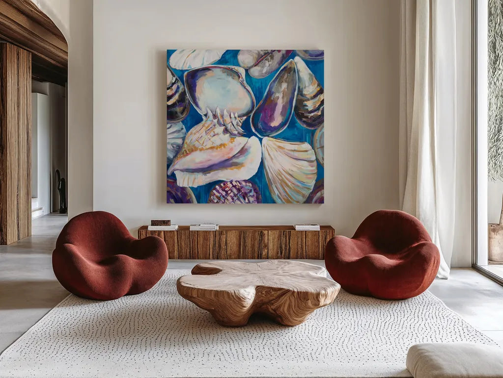 From the Beach by Jeanette Vertentes. Shown as extra-large giant wall art in a modern living room. Available as an archival giclee rolled canvas, fine art paper, or poster print. SKU 61462a.