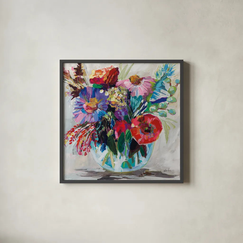Garden Fiesta by Jeanette Vertentes. Shown in a sleek black glass frame for a contemporary gallery look. Available as an archival giclee rolled canvas, fine art paper, or poster print. SKU 88394a.