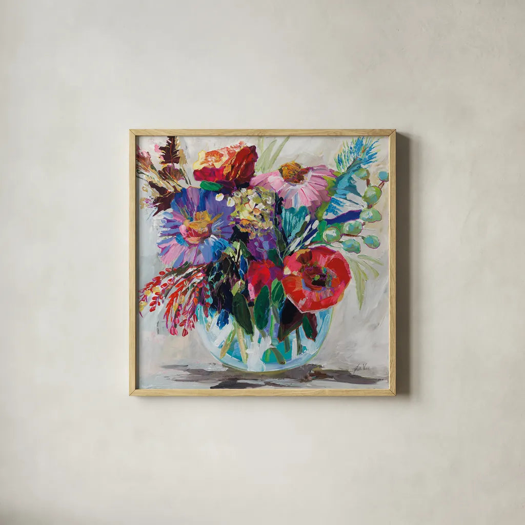Garden Fiesta by Jeanette Vertentes. Shown in a natural wood glass frame for a timeless modern aesthetic. Available as an archival giclee rolled canvas, fine art paper, or poster print. SKU 88394a.