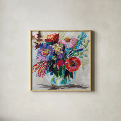 Garden Fiesta by Jeanette Vertentes. Shown in a natural wood glass frame for a timeless modern aesthetic. Available as an archival giclee rolled canvas, fine art paper, or poster print. SKU 88394a.