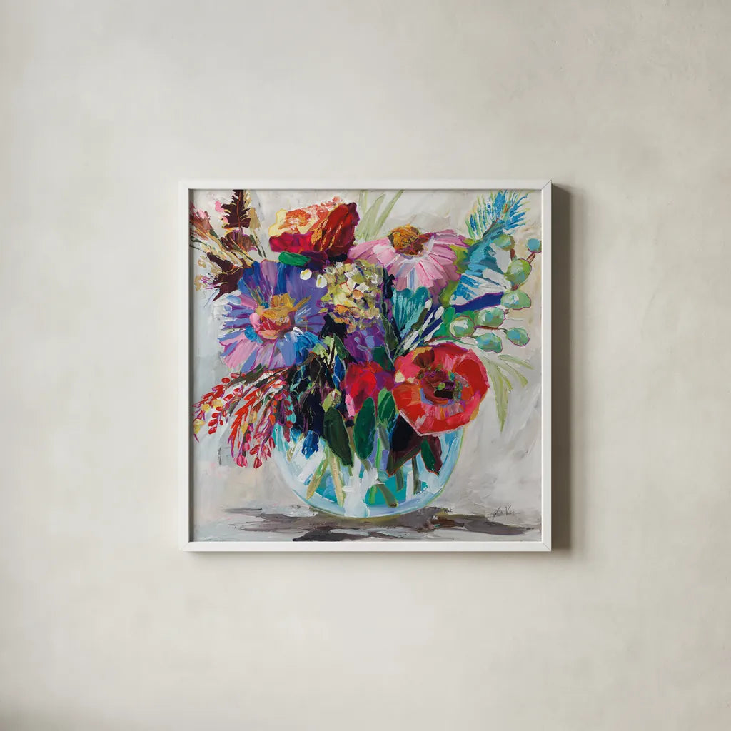 Garden Fiesta by Jeanette Vertentes. Shown in a crisp white glass frame for a clean and minimalist style. Available as an archival giclee rolled canvas, fine art paper, or poster print. SKU 88394a.